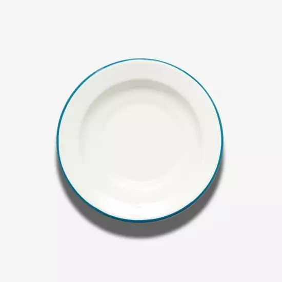 Hlboký smaltovaný tanier s modrou obrubou
