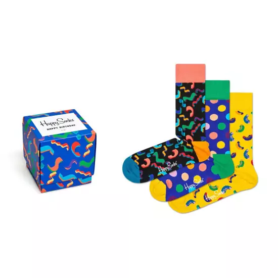 Sada 3ks - Farebné vzorované ponožky Happy Birthday Gift Box