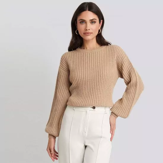 Béžový rebrovaný sveter s prímesou vlny