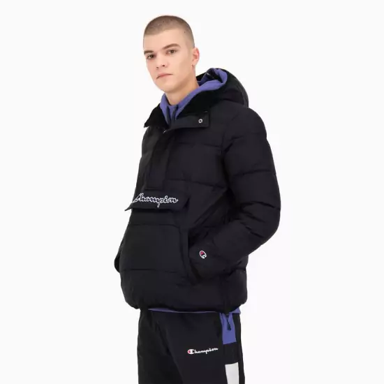 Čierna bunda Half Zip-Up Colour Block Hooded Puffer Jacket